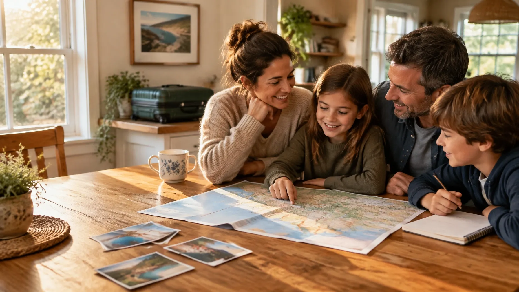 A family chatting together as they plan a vacation around the kitchen table